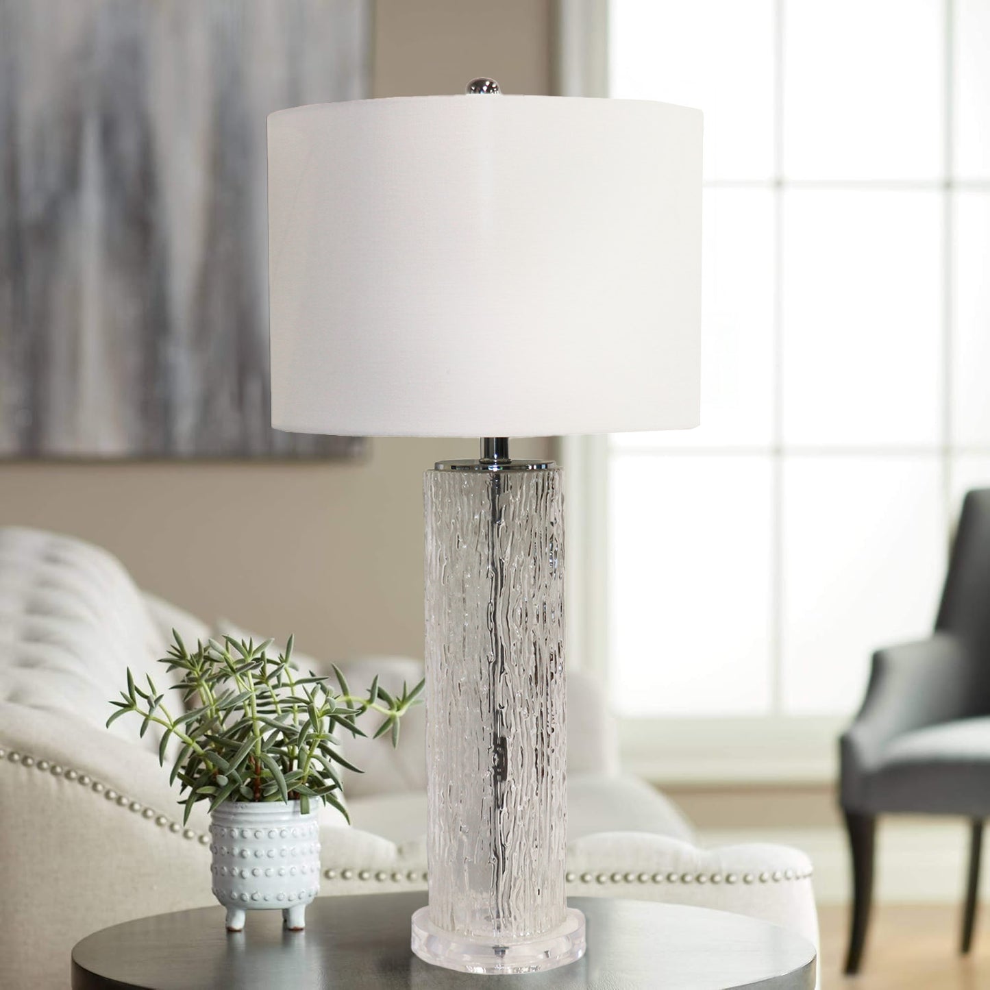 Modern Textured Glass Table Lamp with White Drum Shade