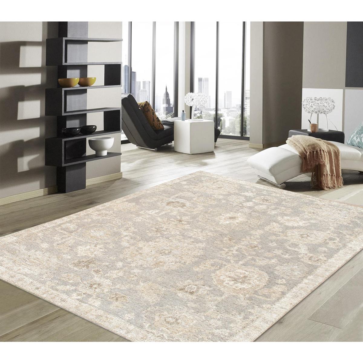Oushak Hand-Knotted Silver/Beige Wool Area Rug