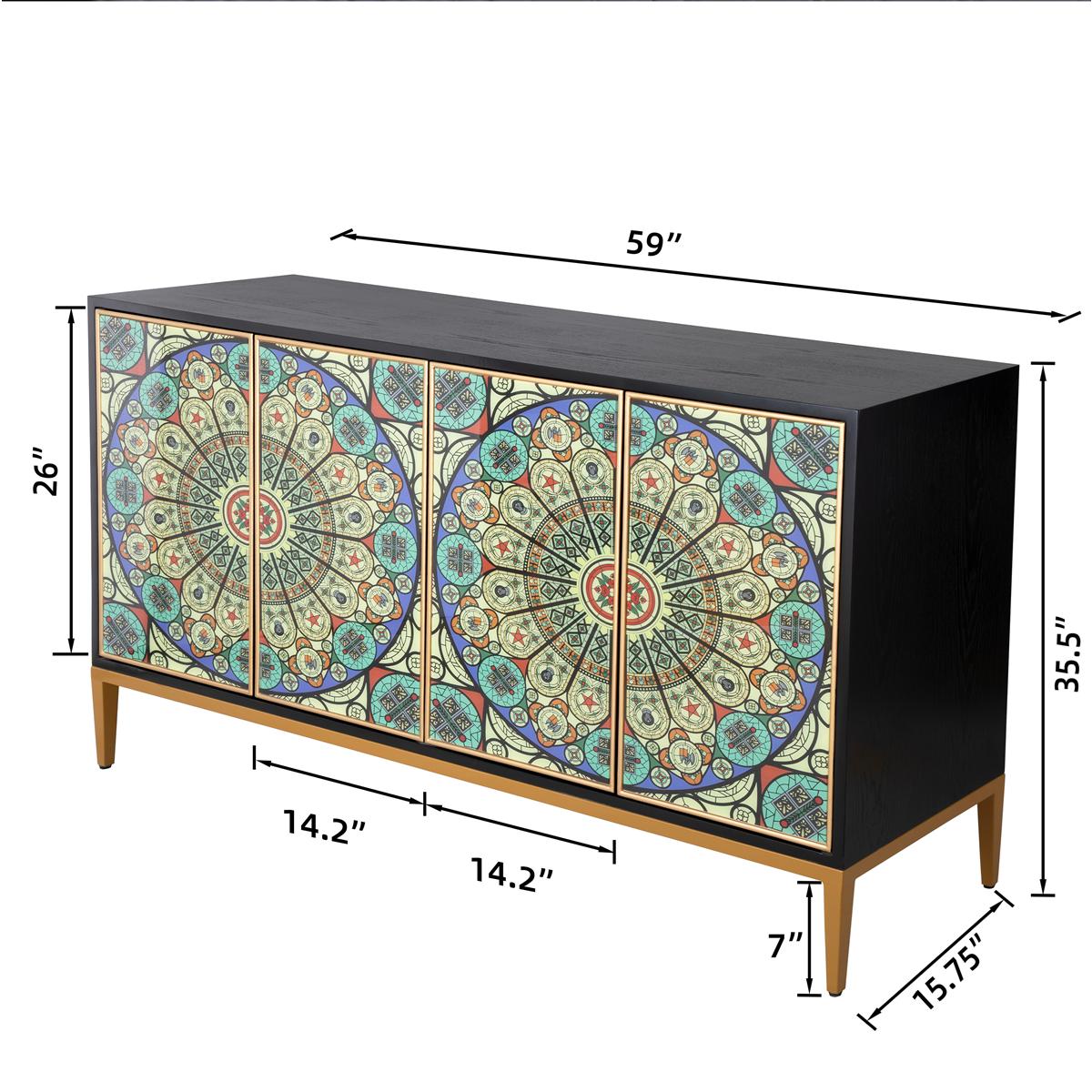 Solani 59" 4-Door Sideboard Buffet Cabinet, Black/Multicolor