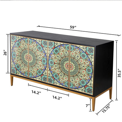 Solani 59" 4-Door Sideboard Buffet Cabinet, Black/Multicolor