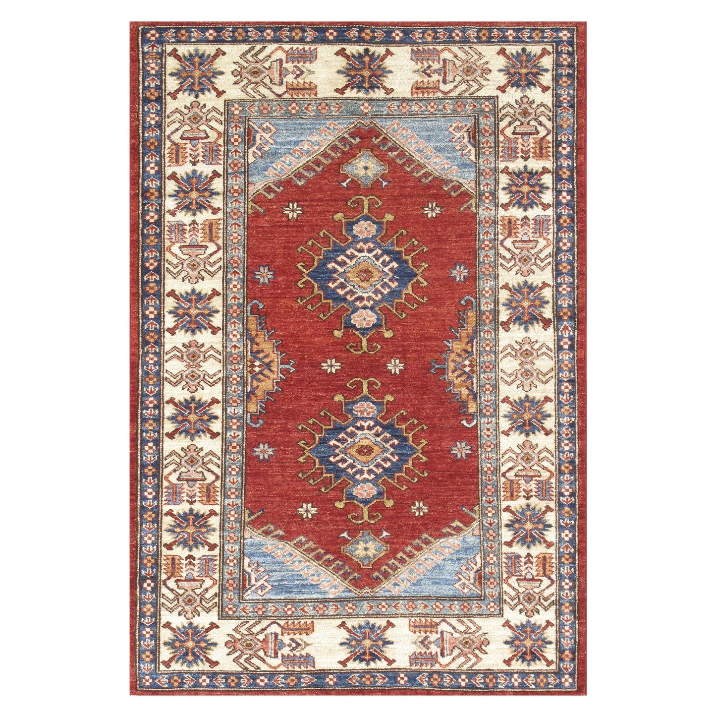 Kazak Hand-knotted Red ivory Lamb's Wool Area Rug