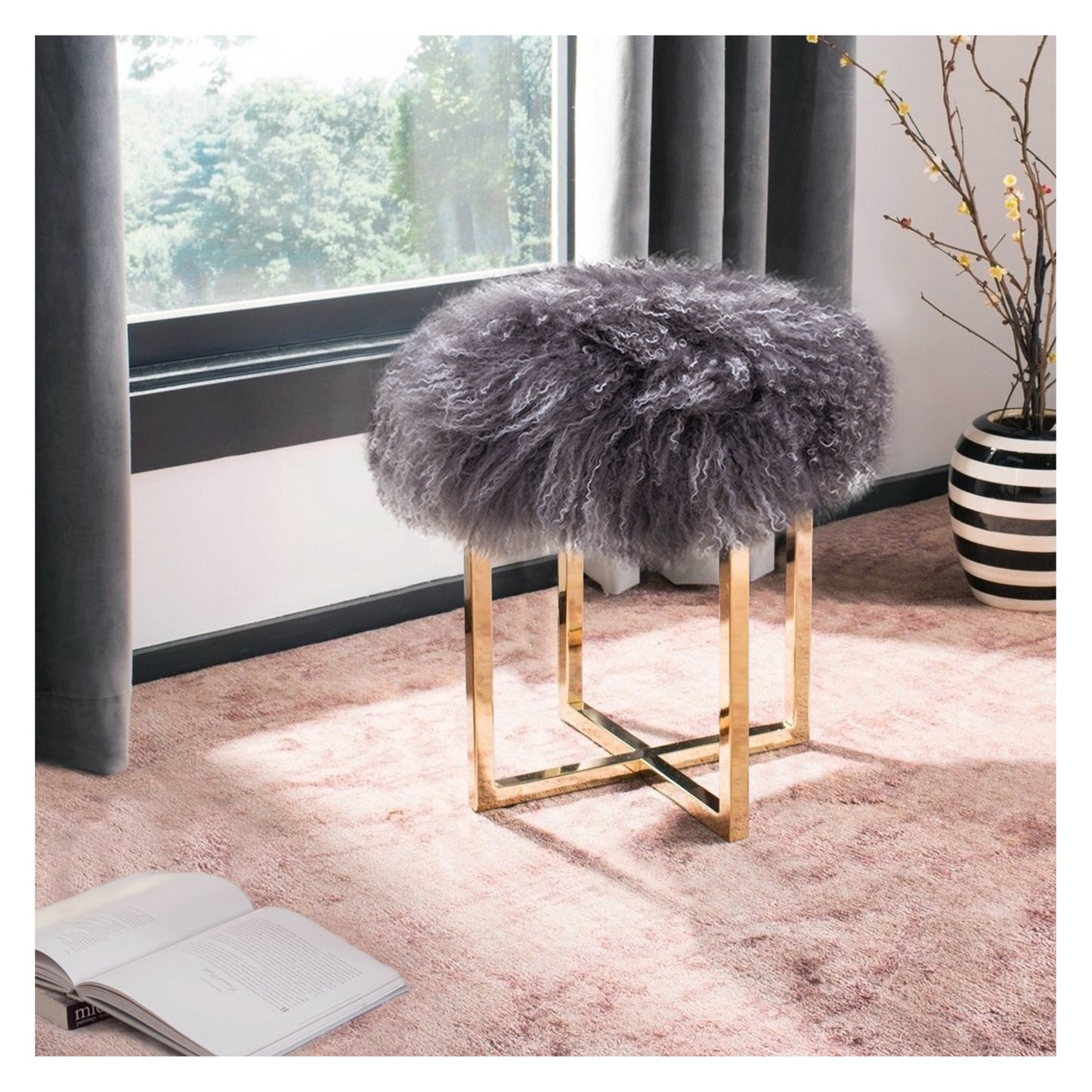 Allesandra Fur Ottoman_Grey